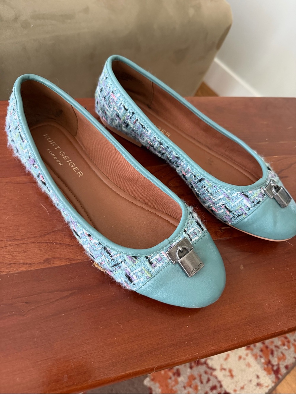 Kurt Geiger Aqua Tweed Lock-Embellished Ballet Flats
